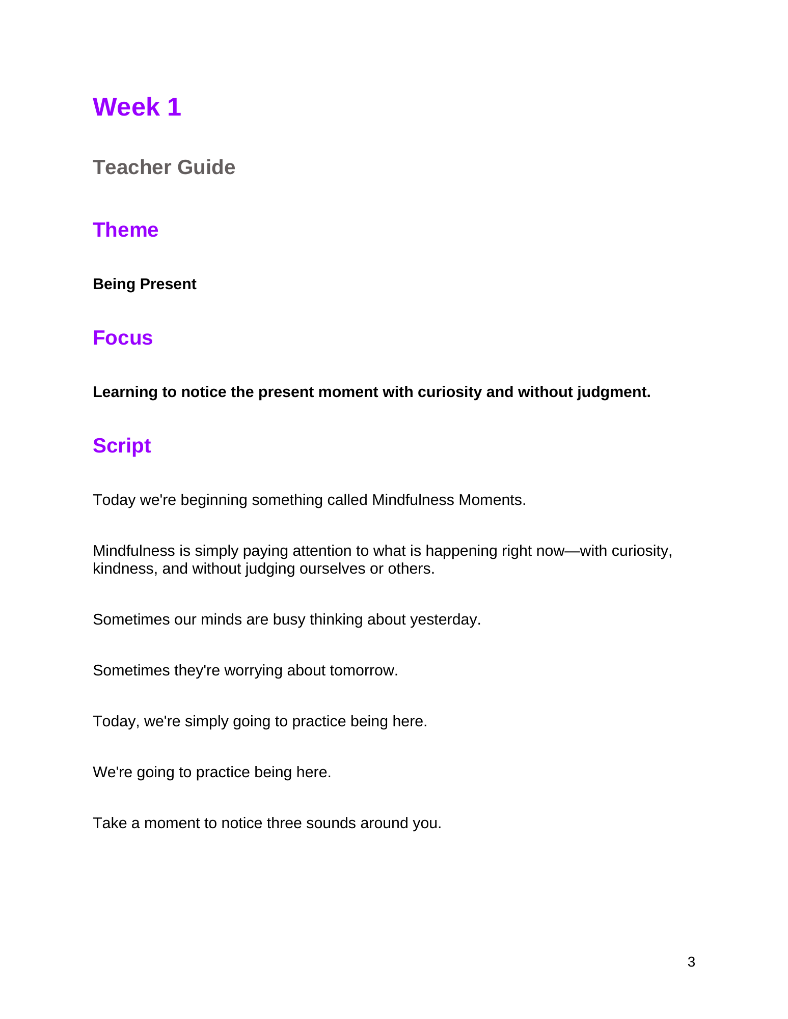 Week 1 Teacher Guide page from Mindfulness Moments